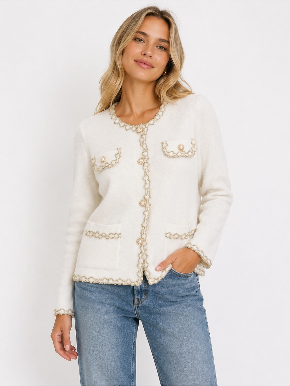 80. New Cream Pearl-Trim Cardigan